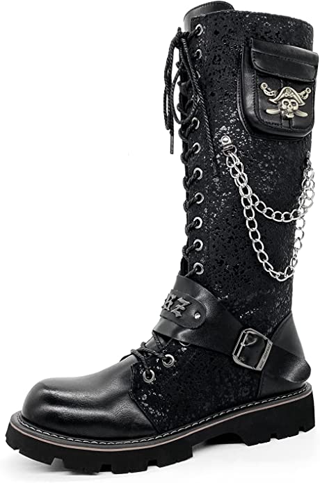 black tall boot with chain on side and pirate skull