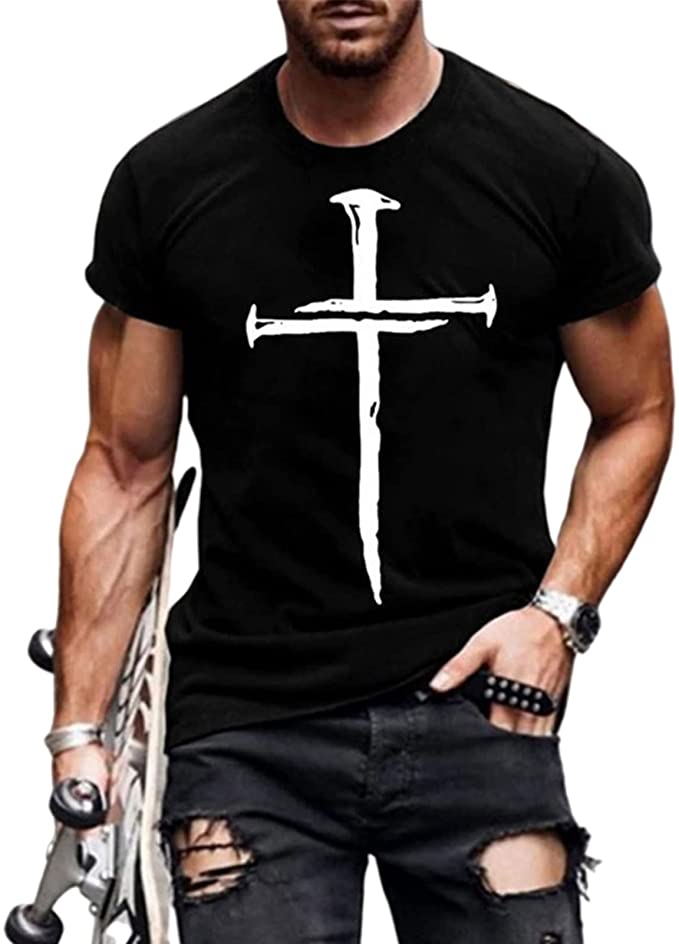 man holding skateboard wearing black cross graphic tshirt