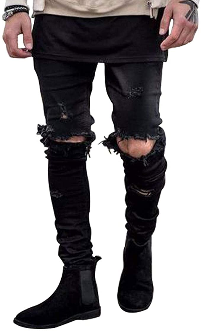 men wearing knee torn jeans black