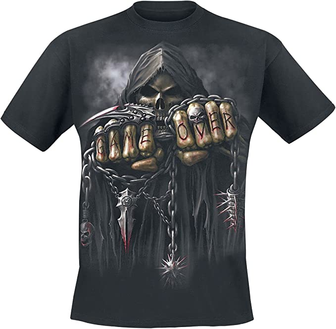 reaper skeleto with game over knuckles print on black tshirt