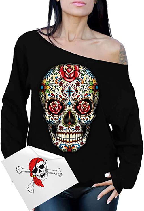 woman waring black sweater with colorful skull graphic