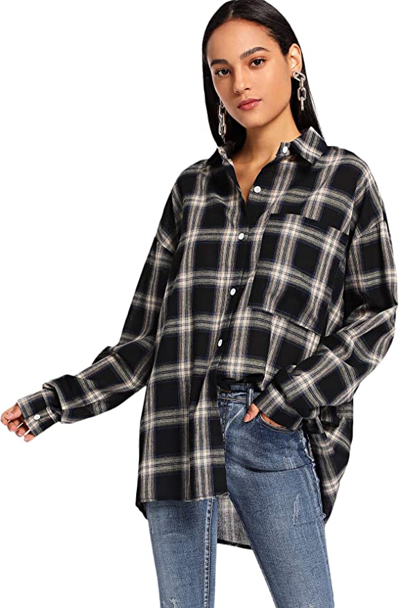 woman wearing black gray tile flannel shirt