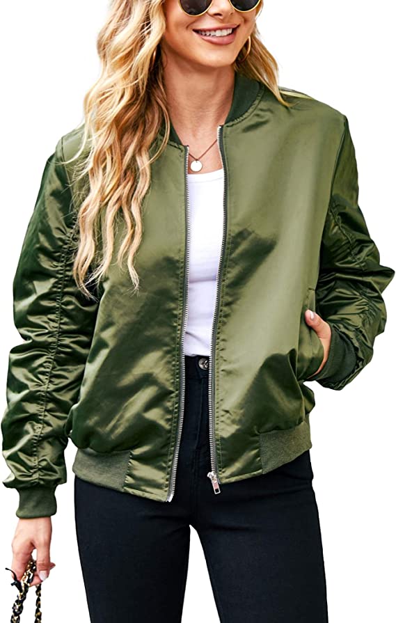 woman wearing green bomber jacket