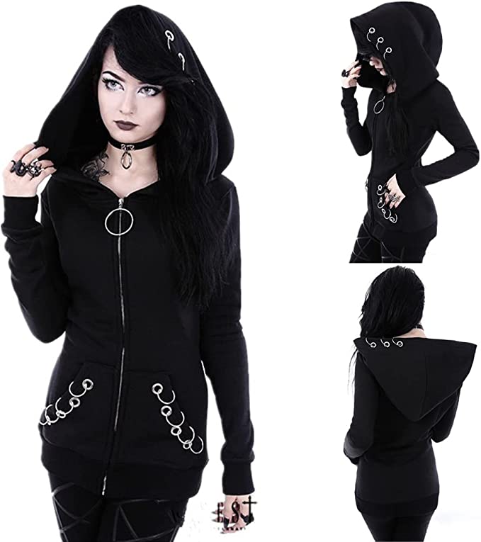 woman wearing hooded gothic sweater rings on pockets