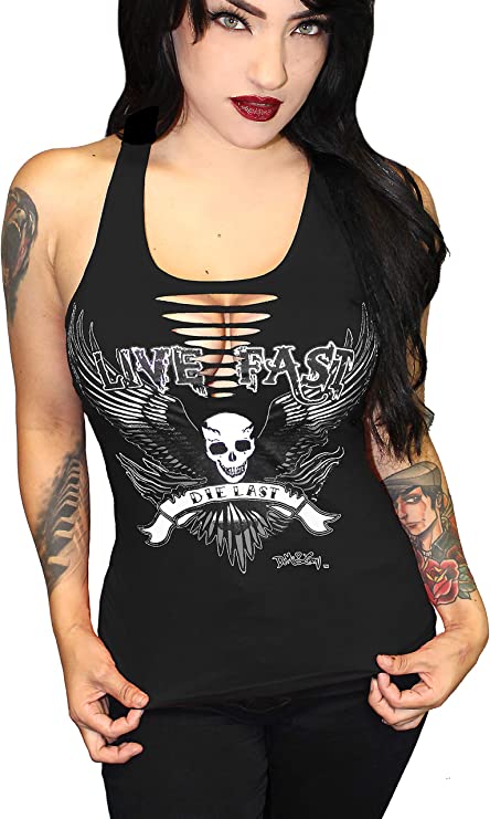 woman with tatoos wearing black tshirt with skull