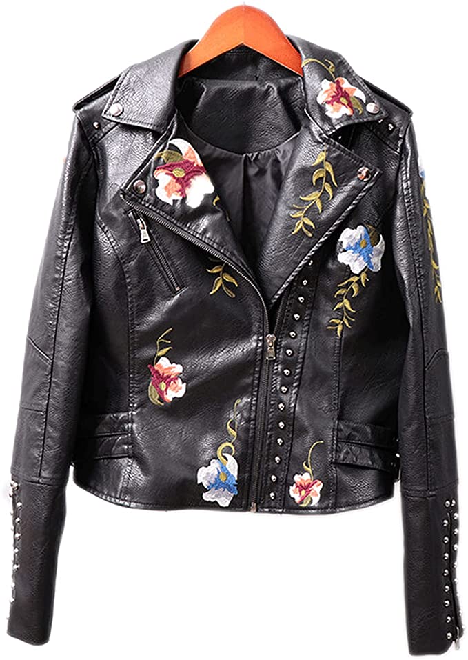 womens black leather jacket with flower patterns