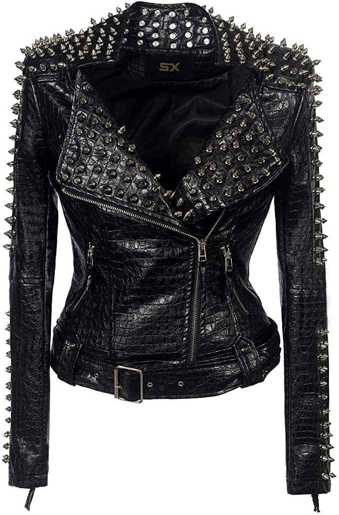 womens black leather jacket with spikes on sleeves sholders