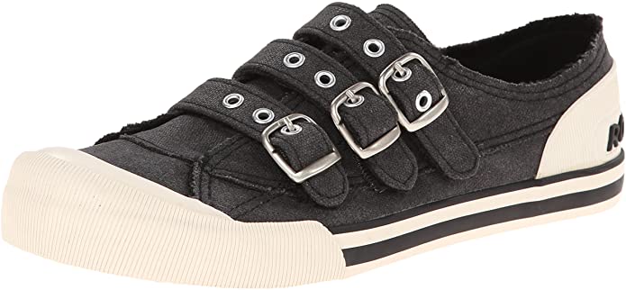 womens sneaker with three stripe buckles